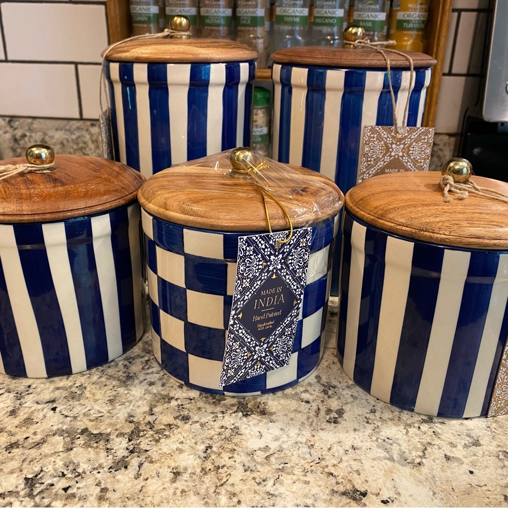 Blue Striped & Checkered Canisters (Set of 5)
